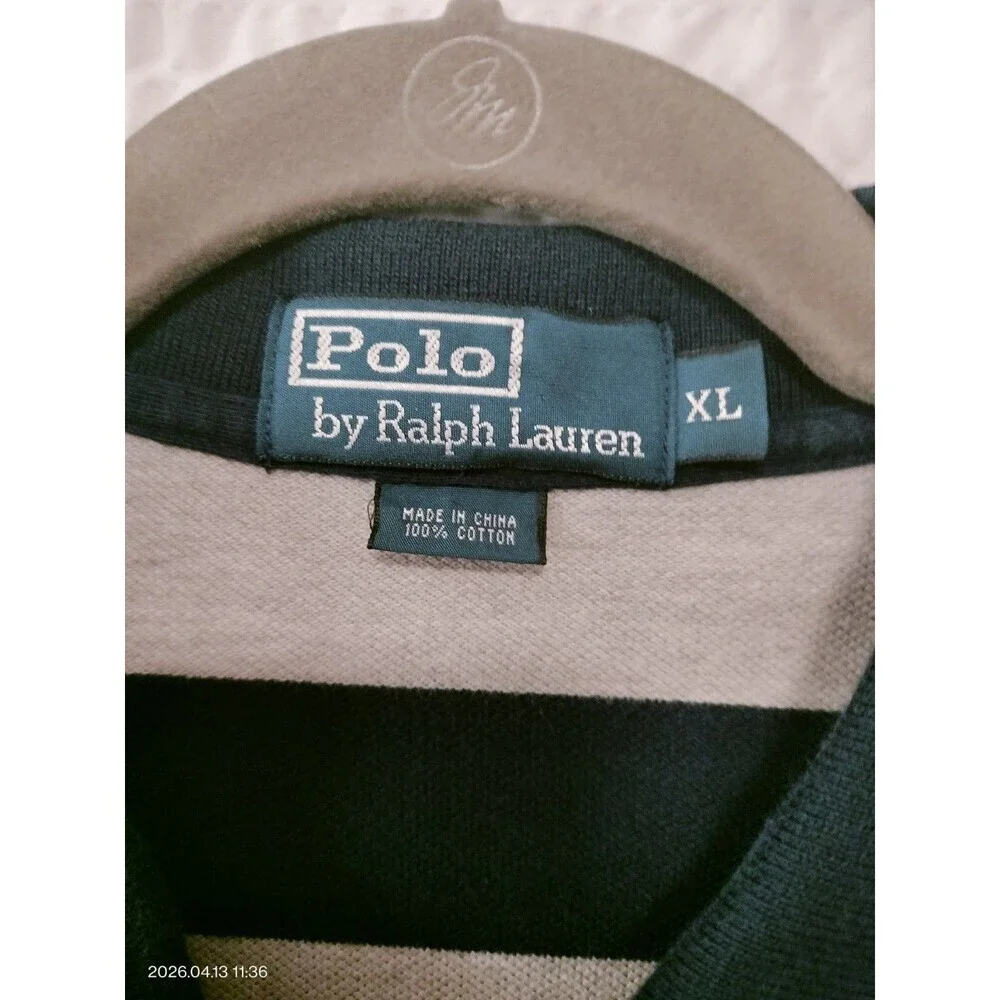 Polo Ralph Lauren Mens Shirt XLarge Custom Fit Gray Dark Blue Striped Logo D135
